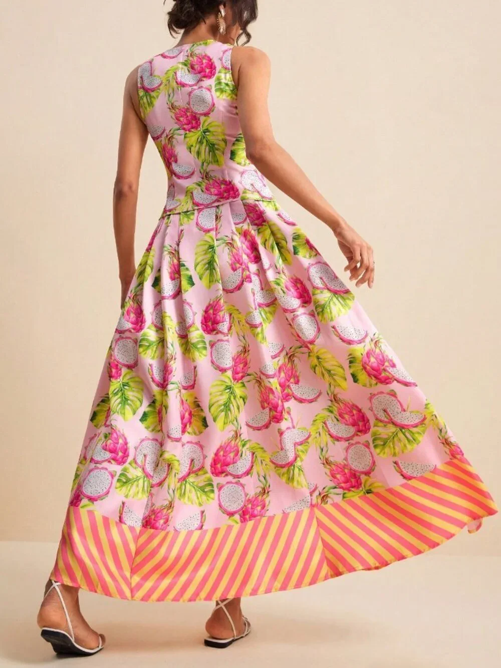 Pink Boho Women's Dragonfruit Tropical V-Neck Sleeveless Top & Skirt 2-Piece Set